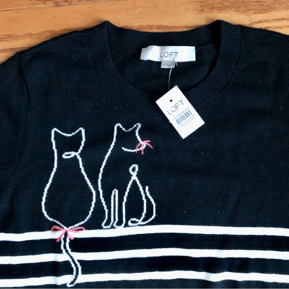 Loft Striped Cat Embroidered Graphic Crewneck Black Sweater Women’s Size S NWT - Picture 5 of 10